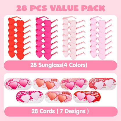 28 Packs Valentine's Day Heart Sunglasses with Cards, Classroom Exchange Gifts for Kids