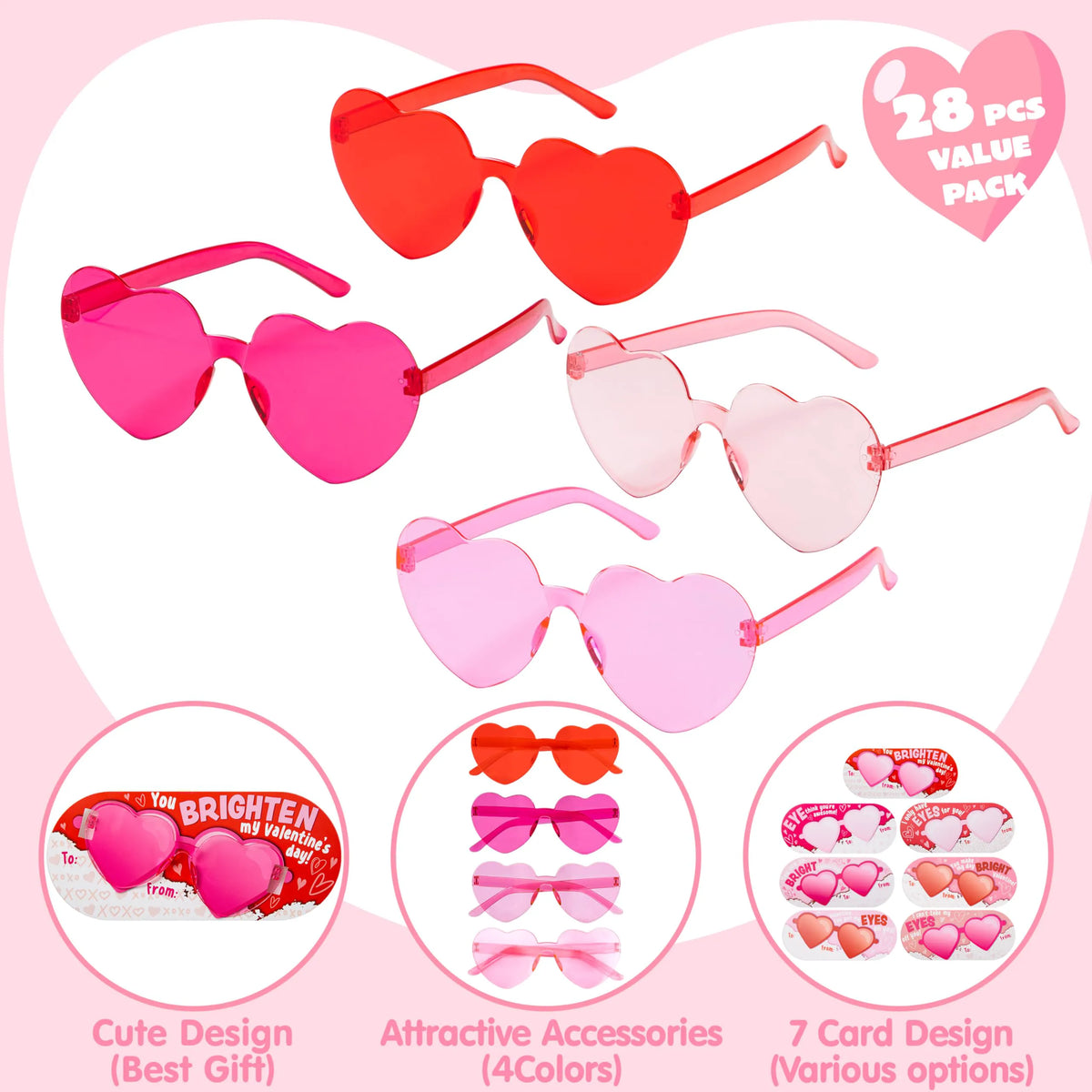 28 Packs Valentine's Day Heart Sunglasses with Cards, Classroom Exchange Gifts for Kids