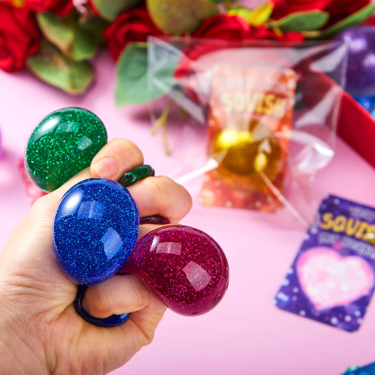 28 Packs Valentine's Day Stretchy Balls with Cards, Classroom Exchange Gift for Kids