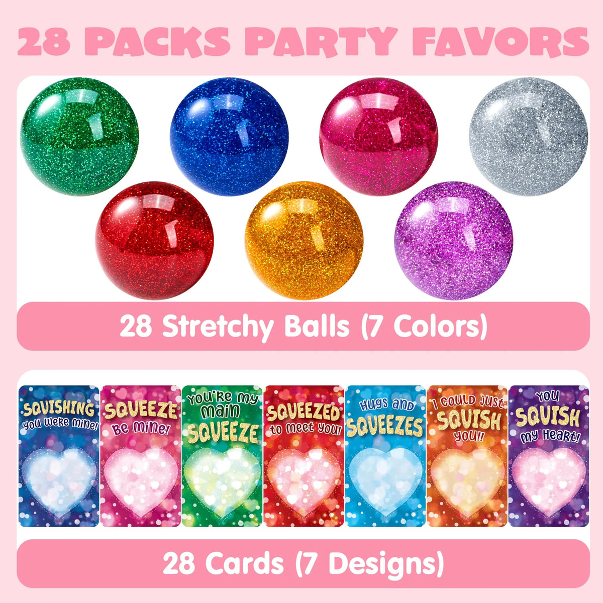 28 Packs Valentine's Day Stretchy Balls with Cards, Classroom Exchange Gift for Kids
