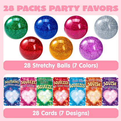 28 Packs Valentine's Day Stretchy Balls with Cards, Classroom Exchange Gift for Kids