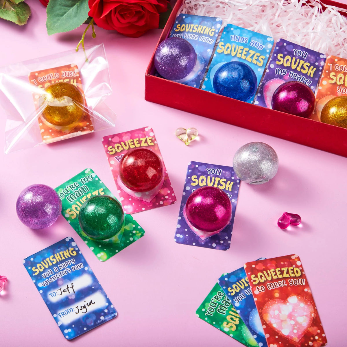 28 Packs Valentine's Day Stretchy Balls with Cards, Classroom Exchange Gift for Kids