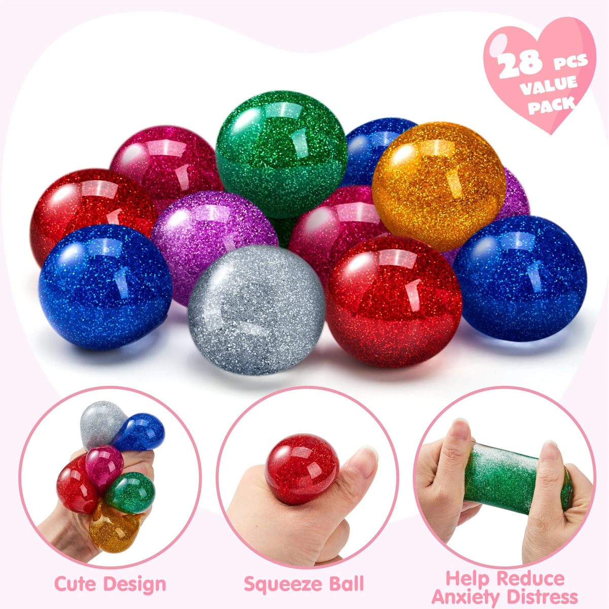 28 Packs Valentine's Day Stretchy Balls with Cards, Classroom Exchange Gift for Kids