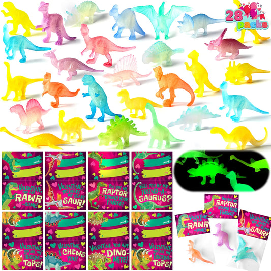28 Pack Valentine's Day Cards with Glow-in-the-Dark Dinosaur Toys for Kids Classroom Exchange Prizes