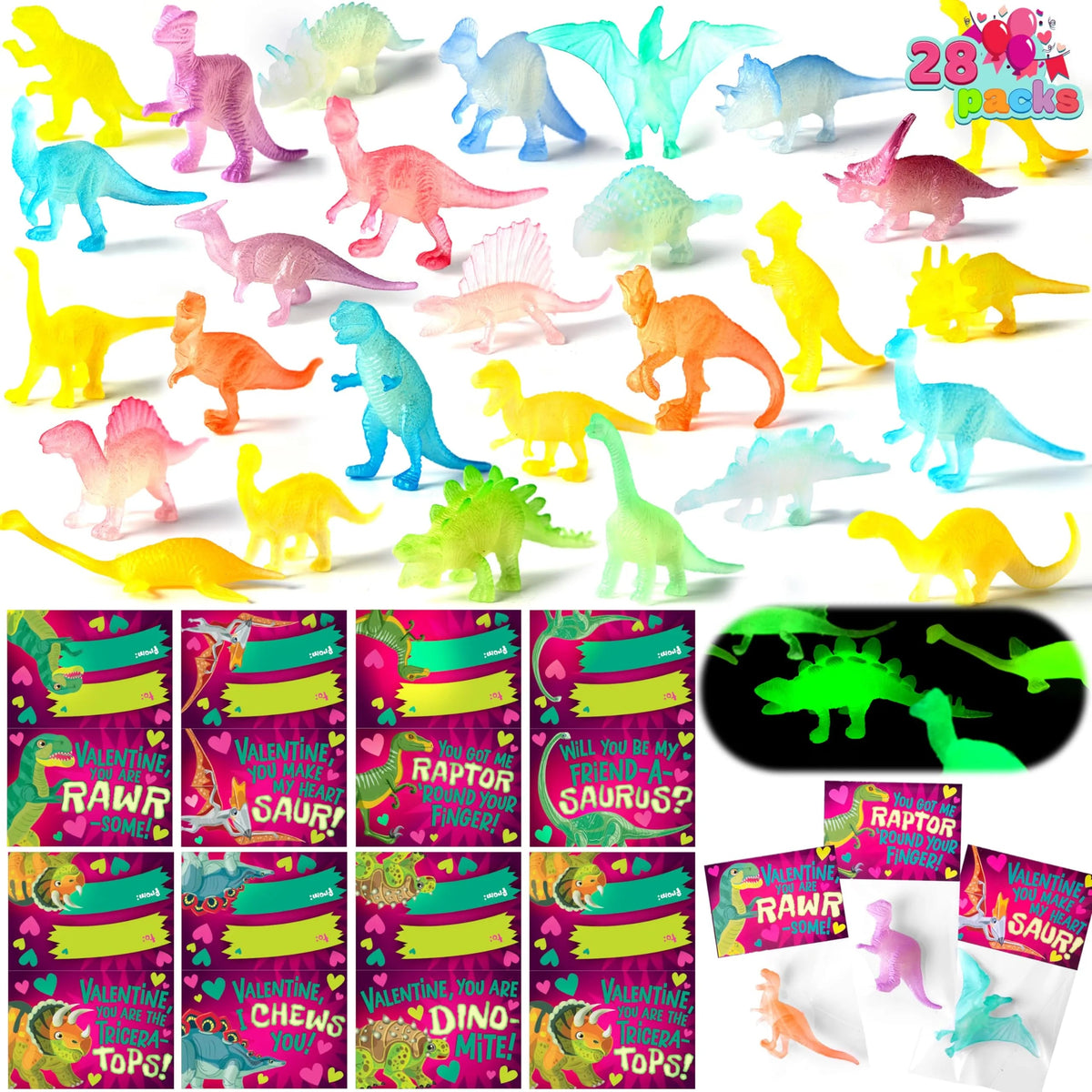 28 Pack Valentine's Day Cards with Glow-in-the-Dark Dinosaur Toys for Kids Classroom Exchange Prizes