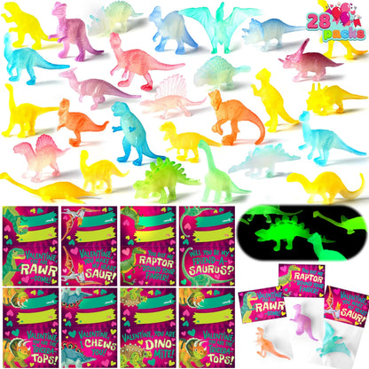 28 Pack Valentine's Day Cards with Glow-in-the-Dark Dinosaur Toys for Kids Classroom Exchange Prizes