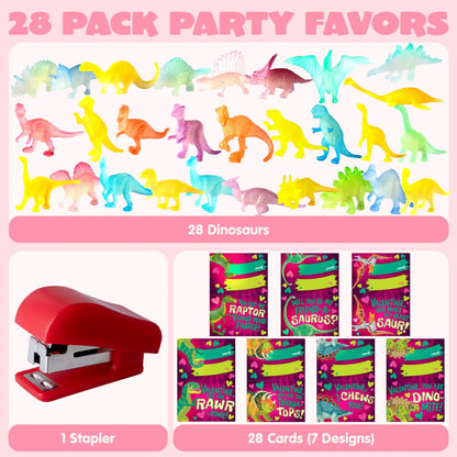 28 Pack Valentine's Day Cards with Glow-in-the-Dark Dinosaur Toys for Kids Classroom Exchange Prizes