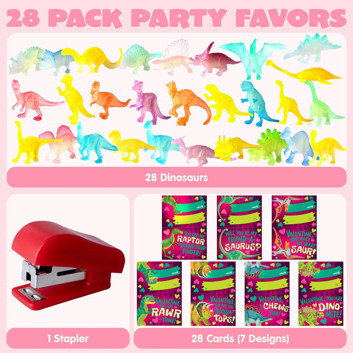 28 Pack Valentine's Day Cards with Glow-in-the-Dark Dinosaur Toys for Kids Classroom Exchange Prizes