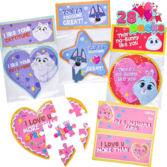 28-Piece Animal Jigsaw Puzzle Set with Valentine's Day Cards for Kids - Classroom Exchange Gifts