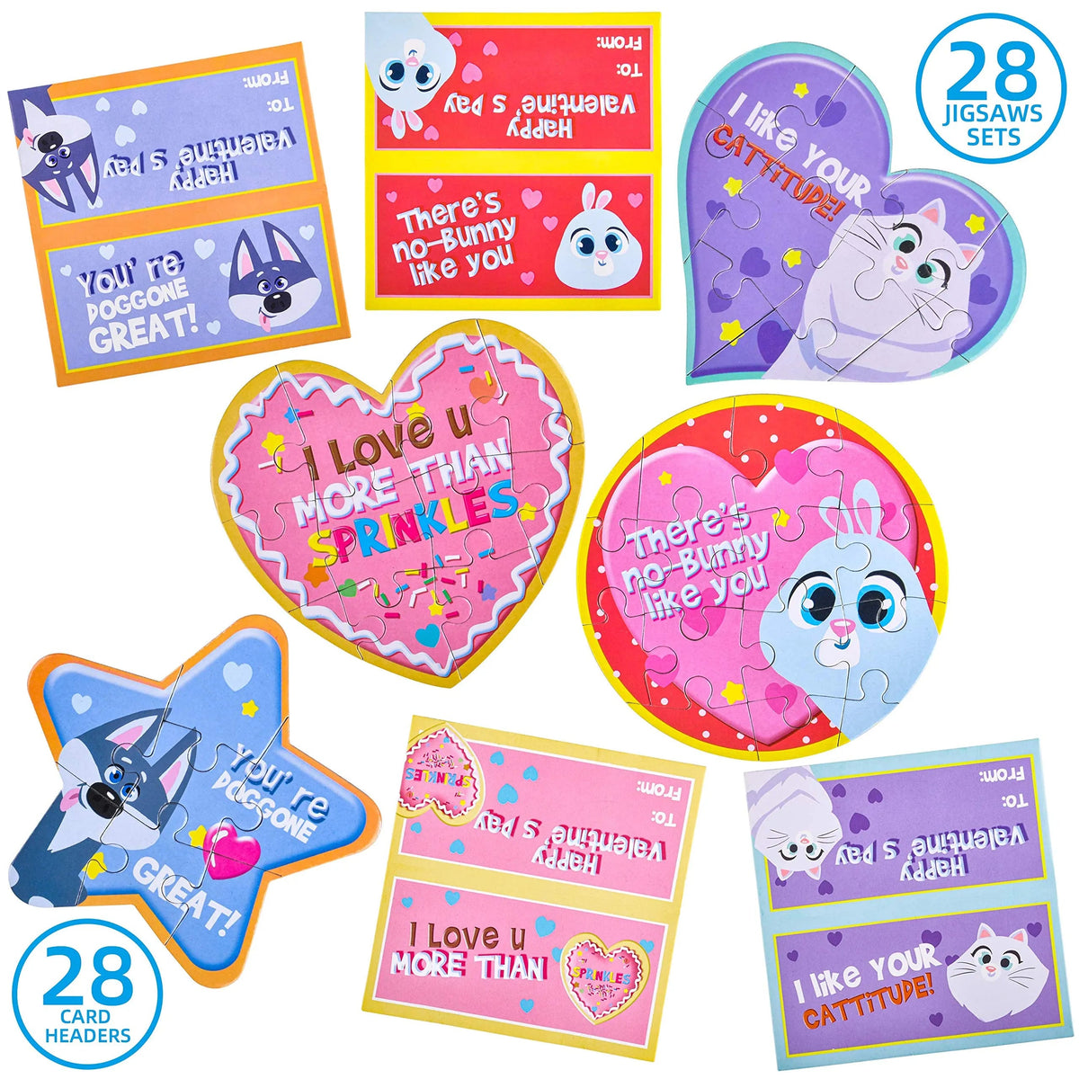 28-Piece Animal Jigsaw Puzzle Set with Valentine's Day Cards for Kids - Classroom Exchange Gifts
