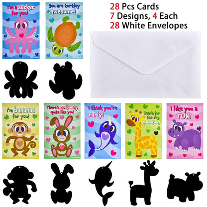 28 Animal Scratch-Off Cards with Sticks and White Envelopes