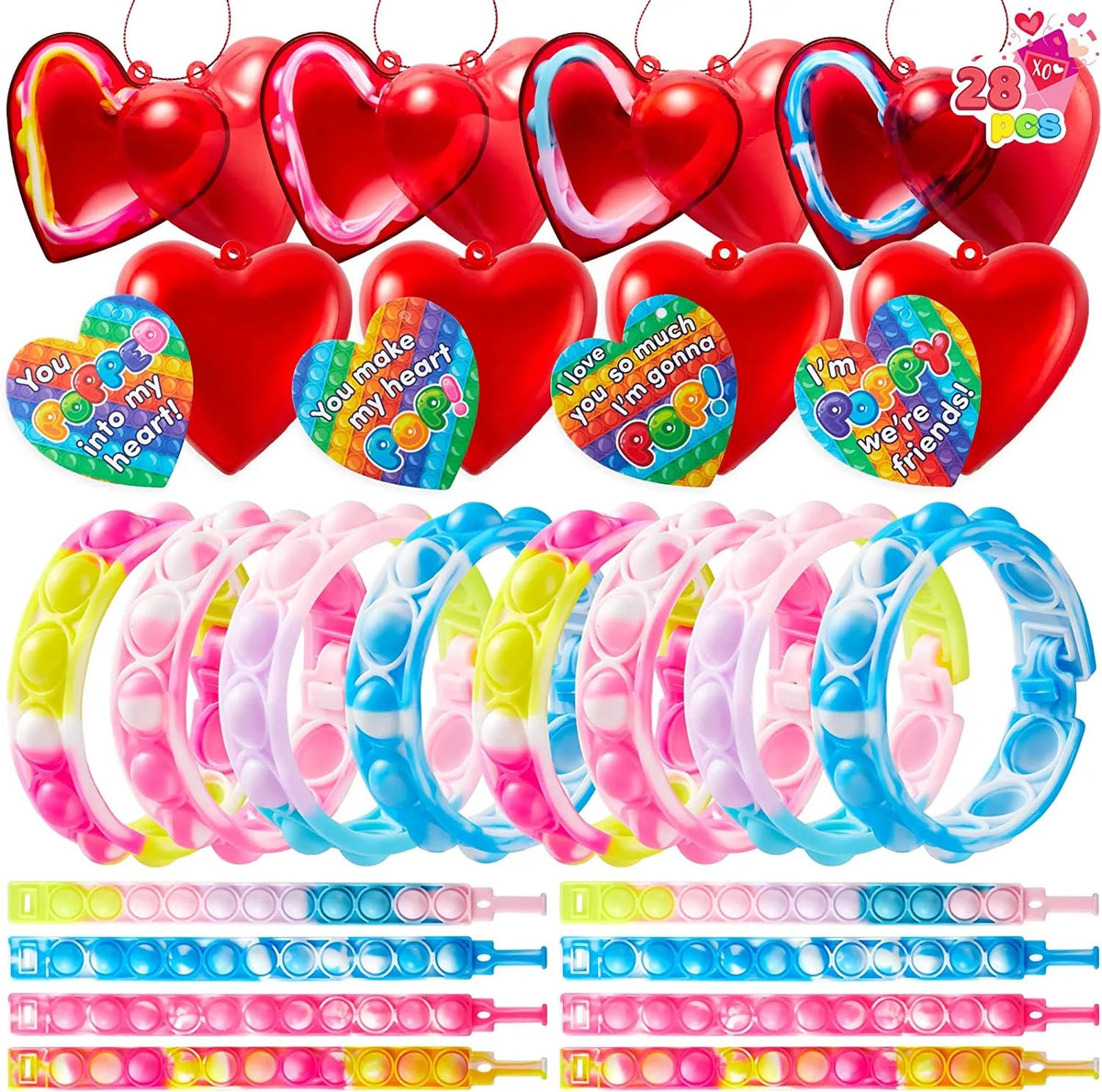 28-Piece Valentine's Day Heart Bracelet and Card Set for Kids Classroom Exchange Gifts