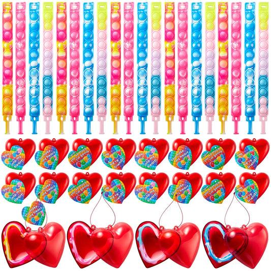 28-Piece Valentine's Day Heart Bracelet and Card Set for Kids Classroom Exchange Gifts
