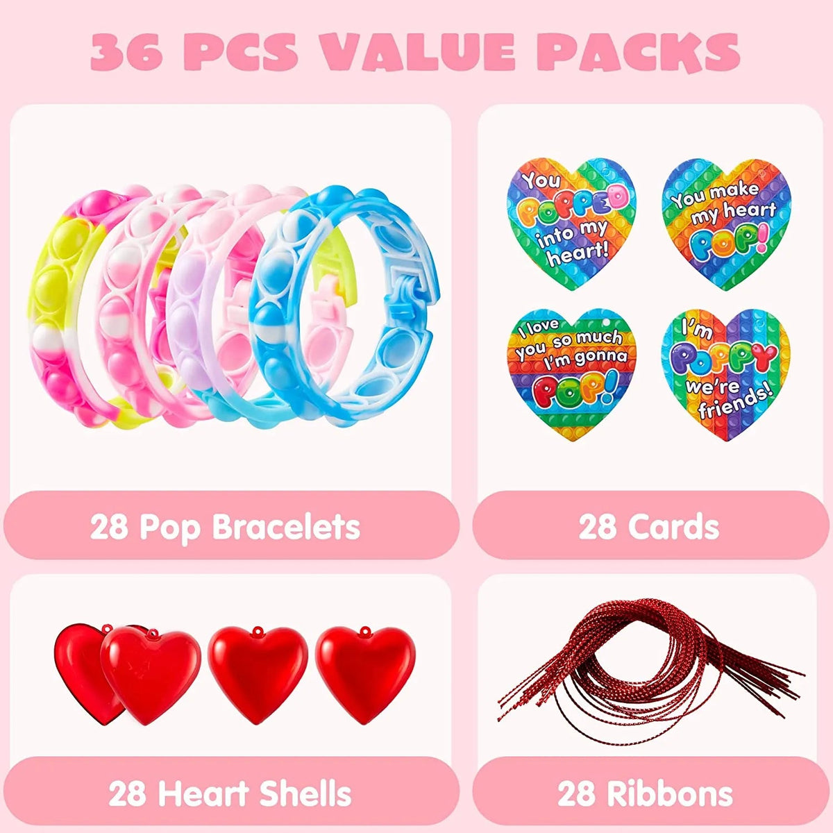 28-Piece Valentine's Day Heart Bracelet and Card Set for Kids Classroom Exchange Gifts