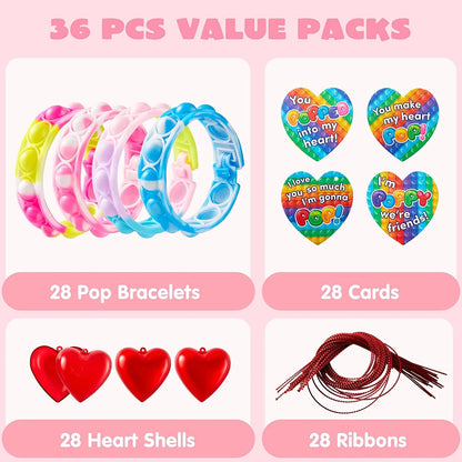 28-Piece Valentine's Day Heart Bracelet and Card Set for Kids Classroom Exchange Gifts