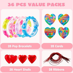 28-Piece Valentine's Day Heart Bracelet and Card Set for Kids Classroom Exchange Gifts