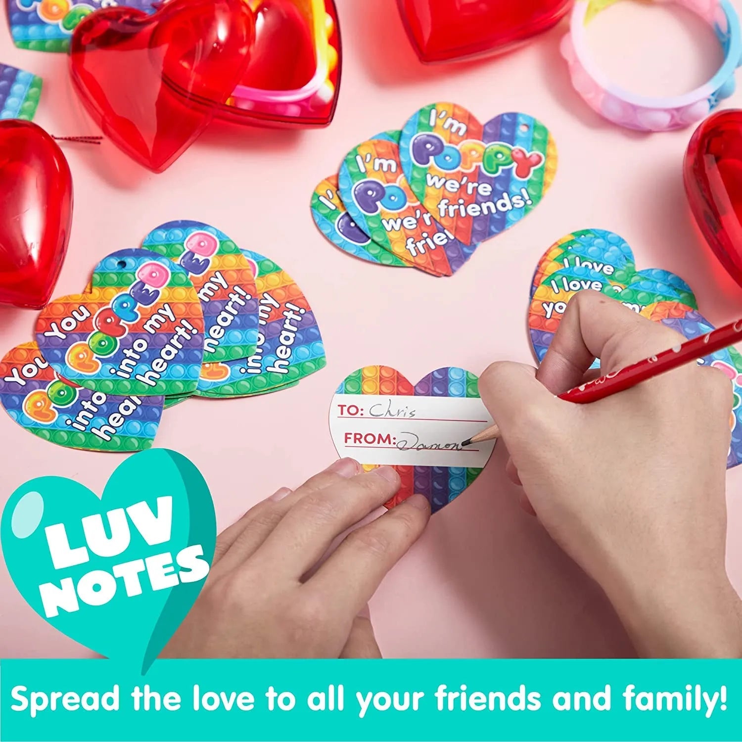 28-Piece Valentine's Day Heart Bracelet and Card Set for Kids Classroom Exchange Gifts