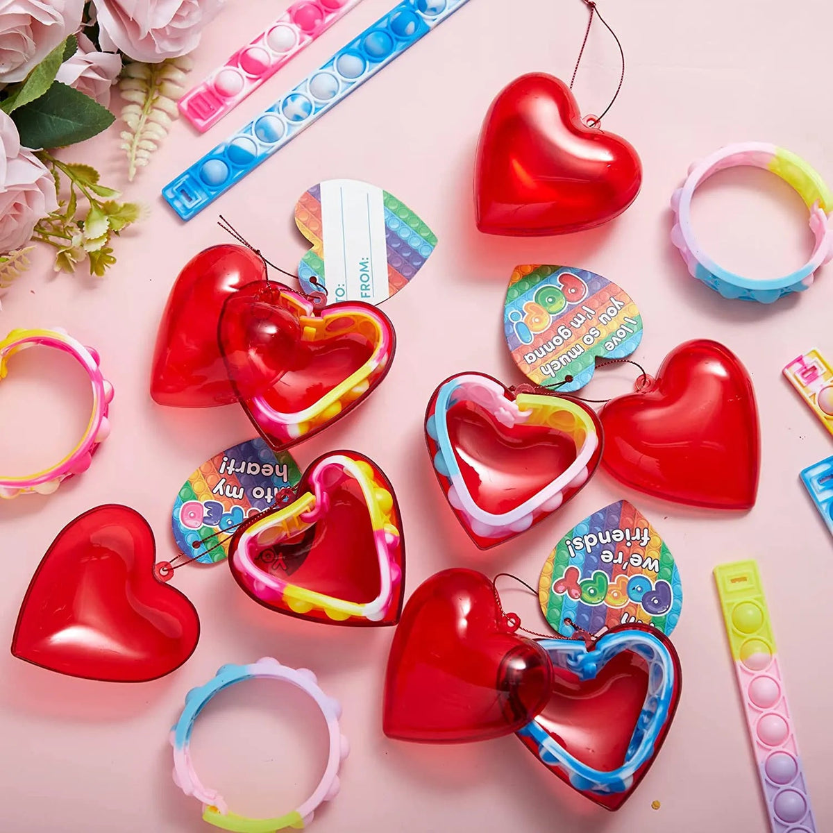 28-Piece Valentine's Day Heart Bracelet and Card Set for Kids Classroom Exchange Gifts