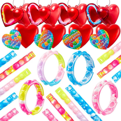 28-Piece Valentine's Day Heart Bracelet and Card Set for Kids Classroom Exchange Gifts
