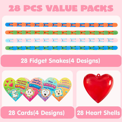 28-Piece Valentine's Day Heart Gift Set with Snake Cube and Cards for Kids Classroom Exchange