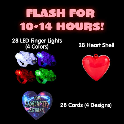 28-Piece Finger Light LED Heart Shells with Valentine's Day Cards for Kids Classroom Exchange Gifts
