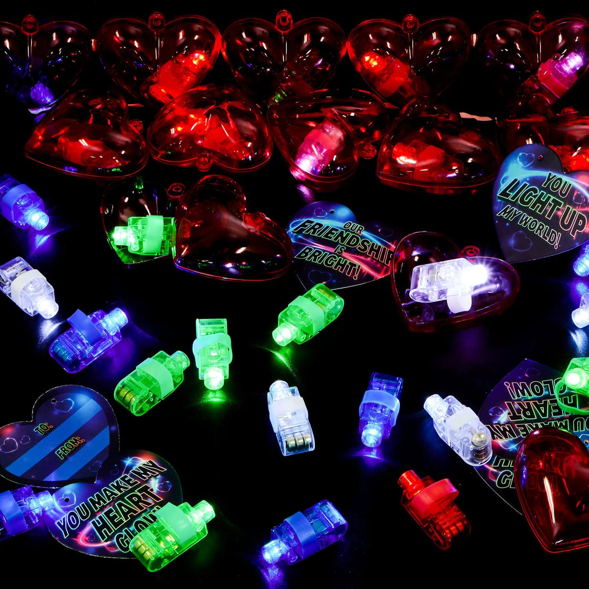 28-Piece Finger Light LED Heart Shells with Valentine's Day Cards for Kids Classroom Exchange Gifts