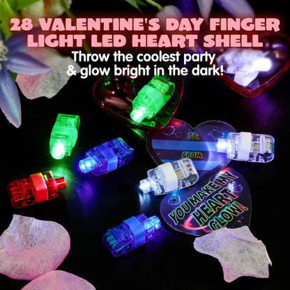 28-Piece Finger Light LED Heart Shells with Valentine's Day Cards for Kids Classroom Exchange Gifts