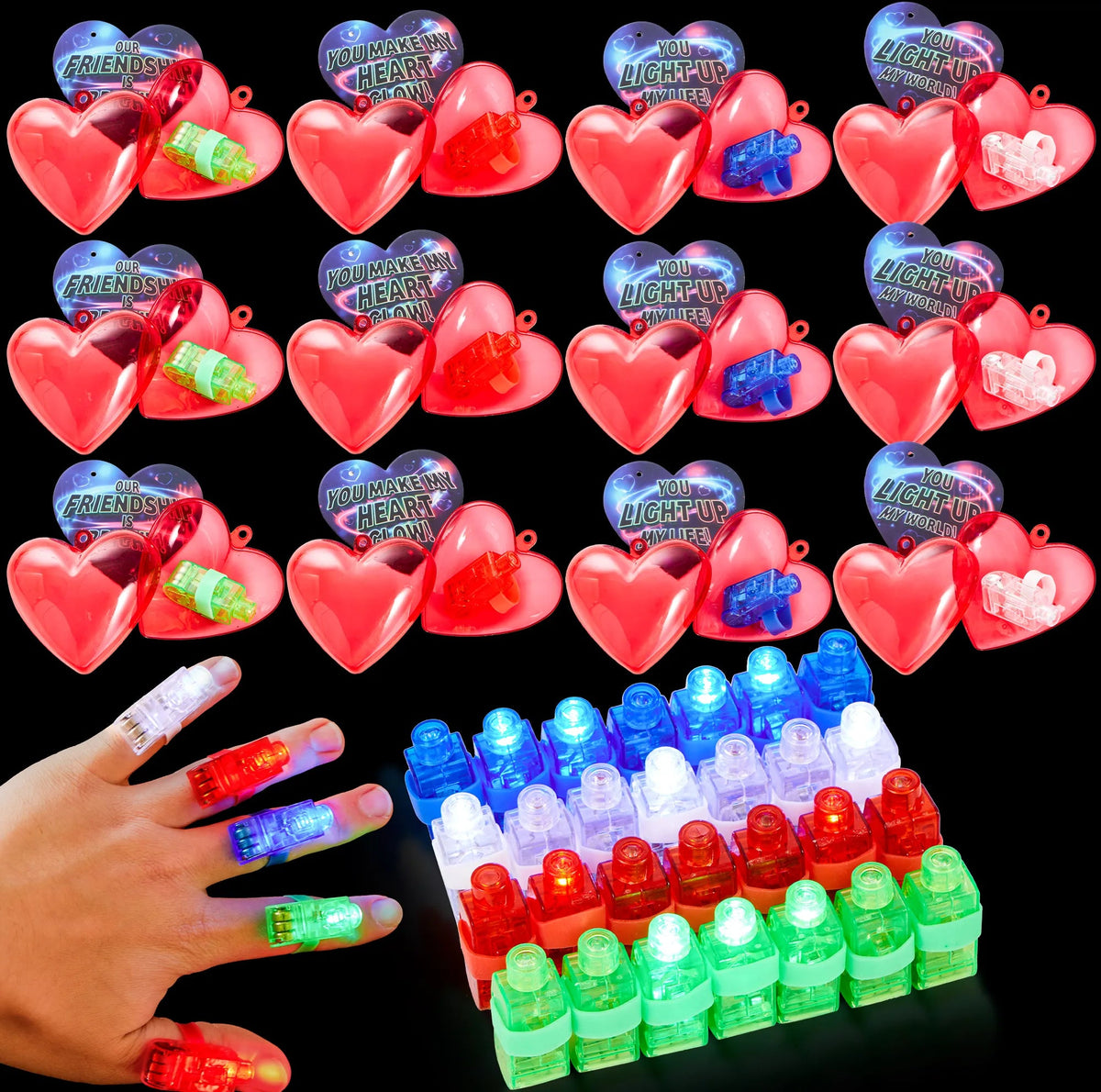 28-Piece Finger Light LED Heart Shells with Valentine's Day Cards for Kids Classroom Exchange Gifts
