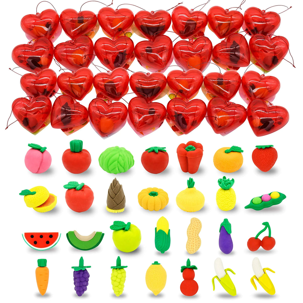 28-Piece Fruit & Vegetable Eraser Set with Valentine's Day Cards for Kids Classroom Exchange Gifts