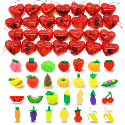 28-Piece Fruit & Vegetable Eraser Set with Valentine's Day Cards for Kids Classroom Exchange Gifts