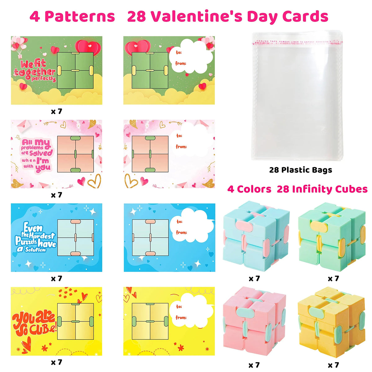 28-Pack Infinity Cube with Valentine's Day Cards for Classroom Exchange