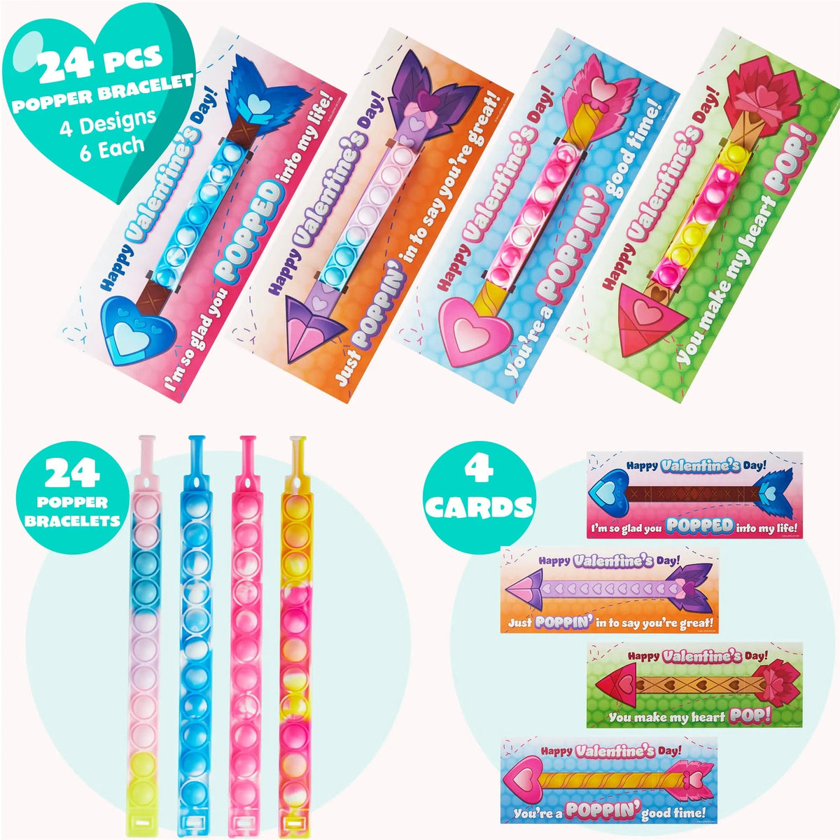 28Pcs Kids Valentine's Cards with Push Bubble Bracelet - Classroom Exchange Gifts