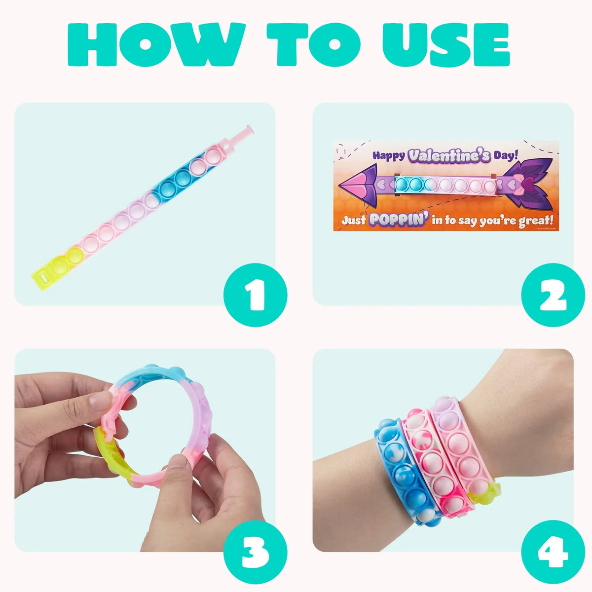 28Pcs Kids Valentine's Cards with Push Bubble Bracelet - Classroom Exchange Gifts