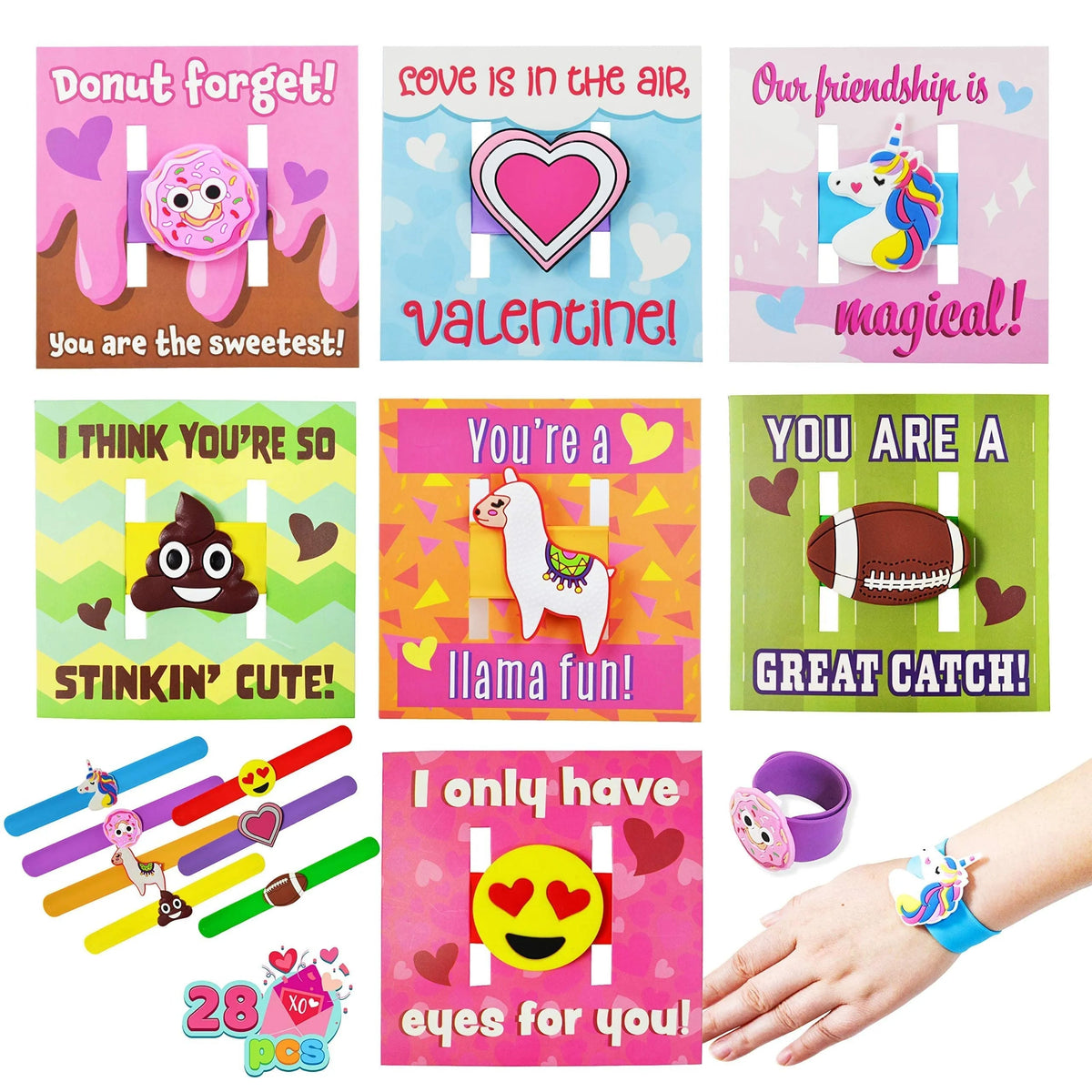28-Pack Kids Valentine's Cards with Charm Slap Bracelets - Classroom Exchange Gifts