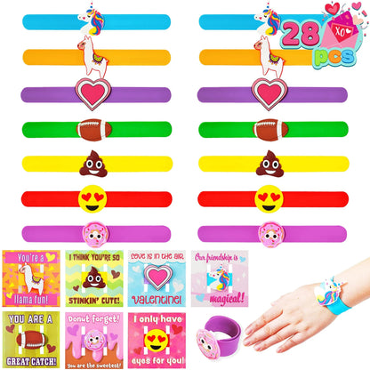 28-Pack Kids Valentine's Cards with Charm Slap Bracelets - Classroom Exchange Gifts
