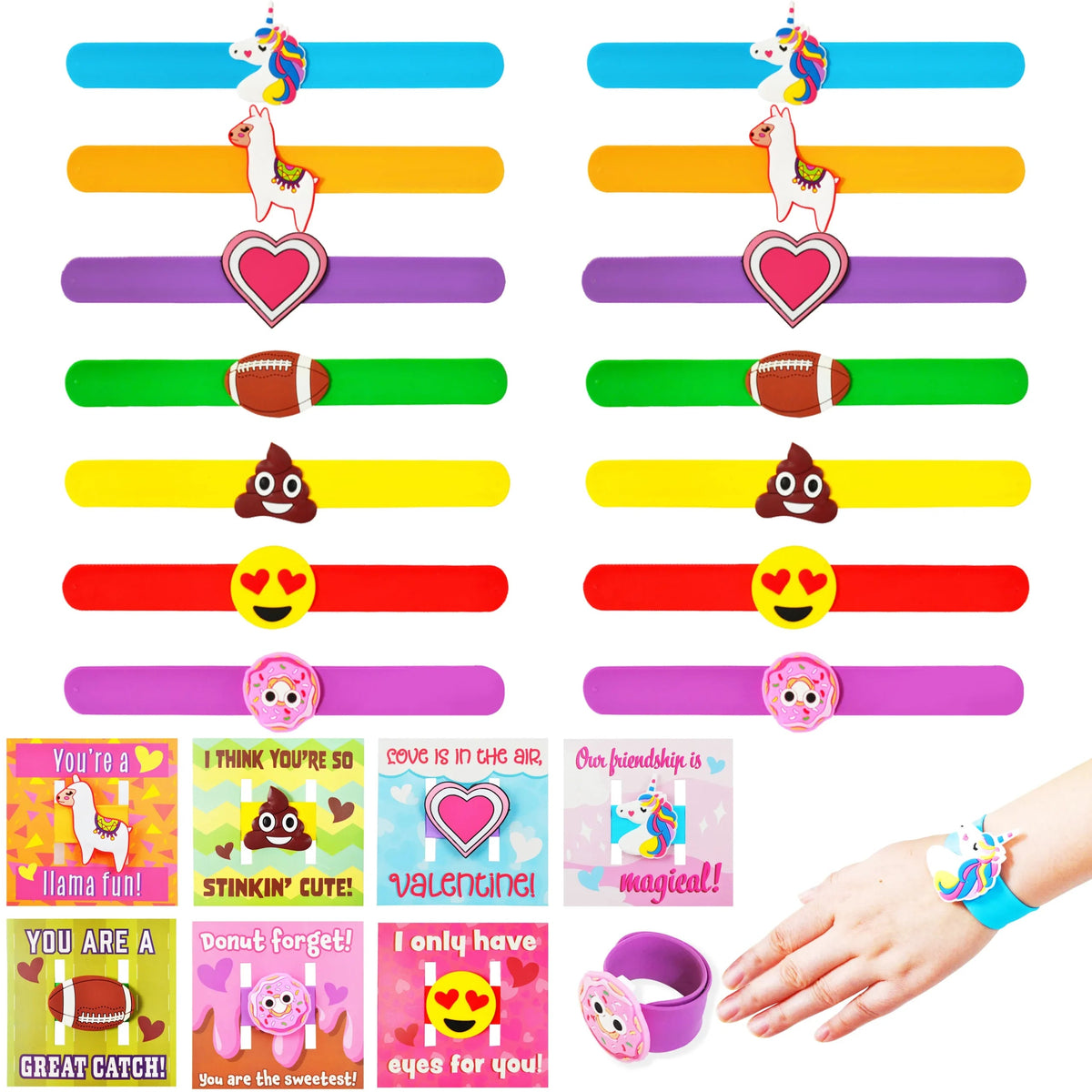 28-Pack Kids Valentine's Cards with Charm Slap Bracelets - Classroom Exchange Gifts