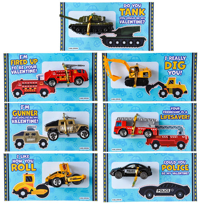 28-Pack Valentine's Day Cards with Die-Cast City Vehicles for Kids - Classroom Exchange Gifts