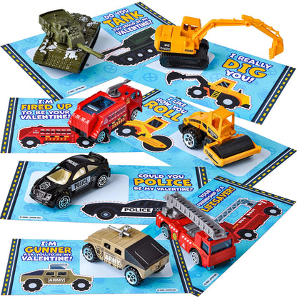 28-Pack Valentine's Day Cards with Die-Cast City Vehicles for Kids - Classroom Exchange Gifts