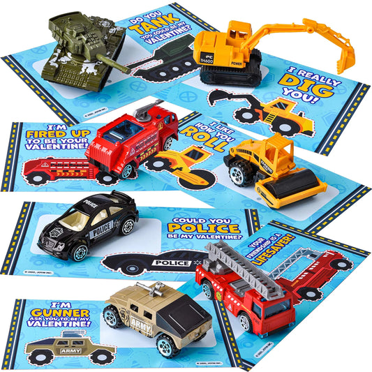 28-Pack Valentine's Day Cards with Die-Cast City Vehicles for Kids - Classroom Exchange Gifts