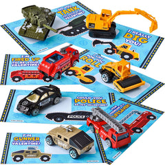 28-Pack Valentine's Day Cards with Die-Cast City Vehicles for Kids - Classroom Exchange Gifts