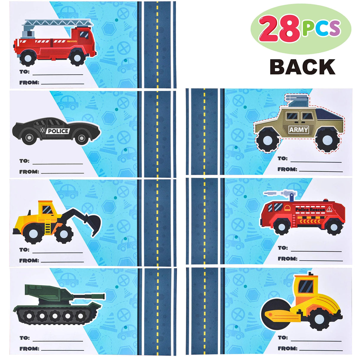 28-Pack Valentine's Day Cards with Die-Cast City Vehicles for Kids - Classroom Exchange Gifts