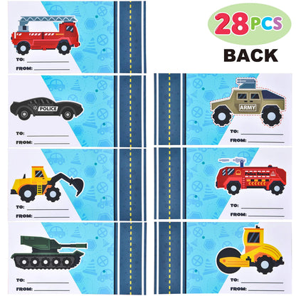 28-Pack Valentine's Day Cards with Die-Cast City Vehicles for Kids - Classroom Exchange Gifts