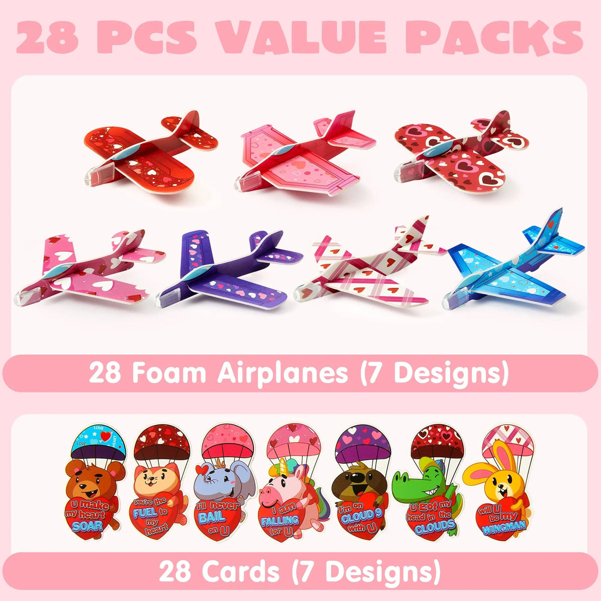 28Pcs Kids Valentine's Day Cards with Foam Airplanes - Classroom Exchange Gifts