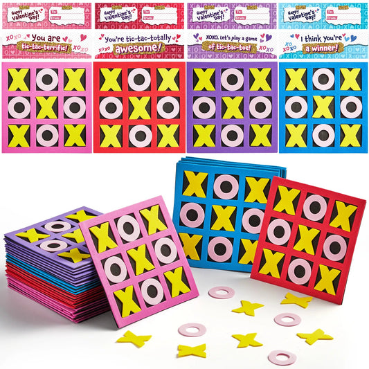 28 Pack Valentine's Day Gift Cards with Foam Tic-Tac-Toe Mini Board Game Toys