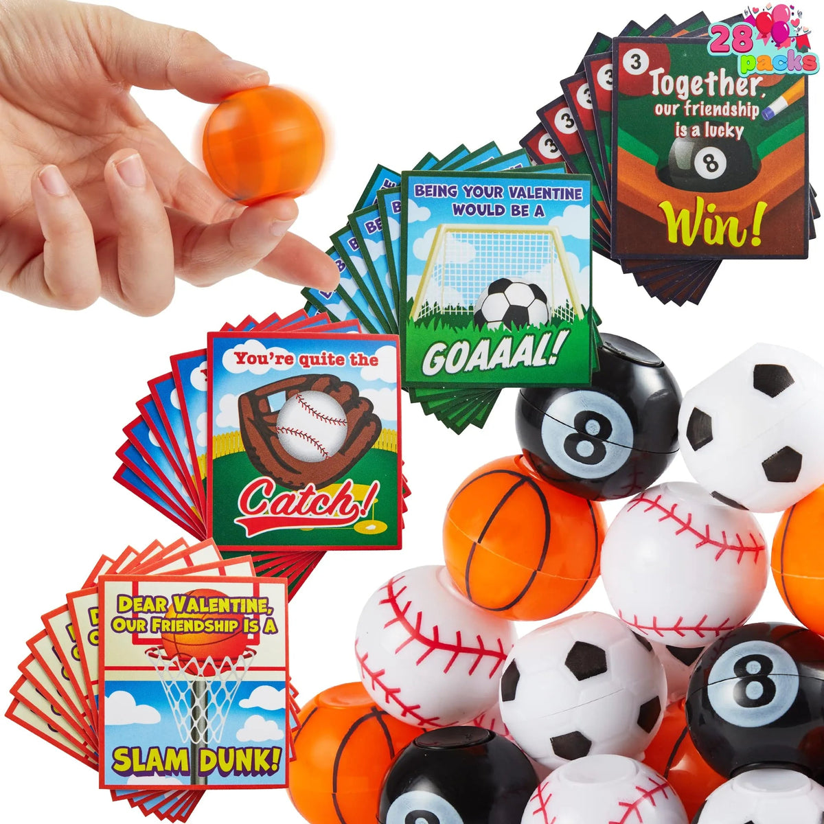 28Pcs Kids Valentine's Cards with Mini Sport Balls - Classroom Exchange Gifts