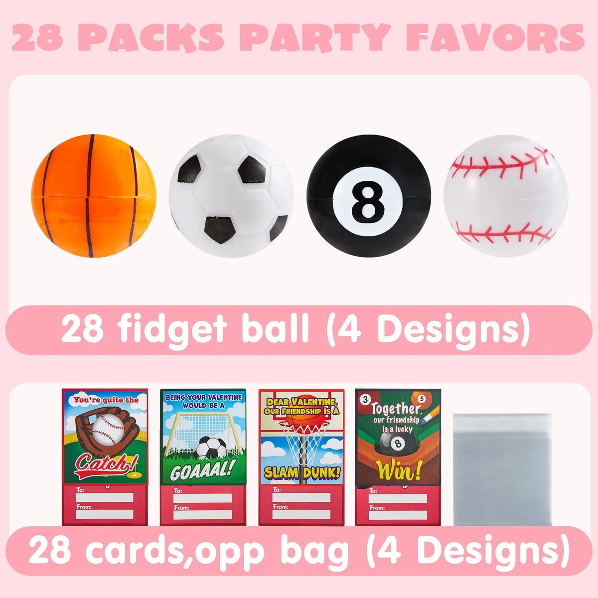 28Pcs Kids Valentine's Cards with Mini Sport Balls - Classroom Exchange Gifts