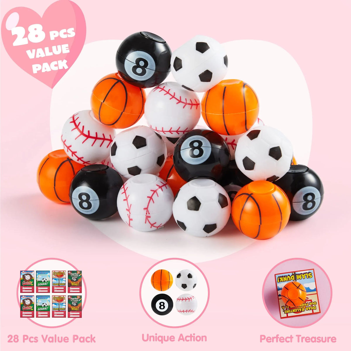 28Pcs Kids Valentine's Cards with Mini Sport Balls - Classroom Exchange Gifts