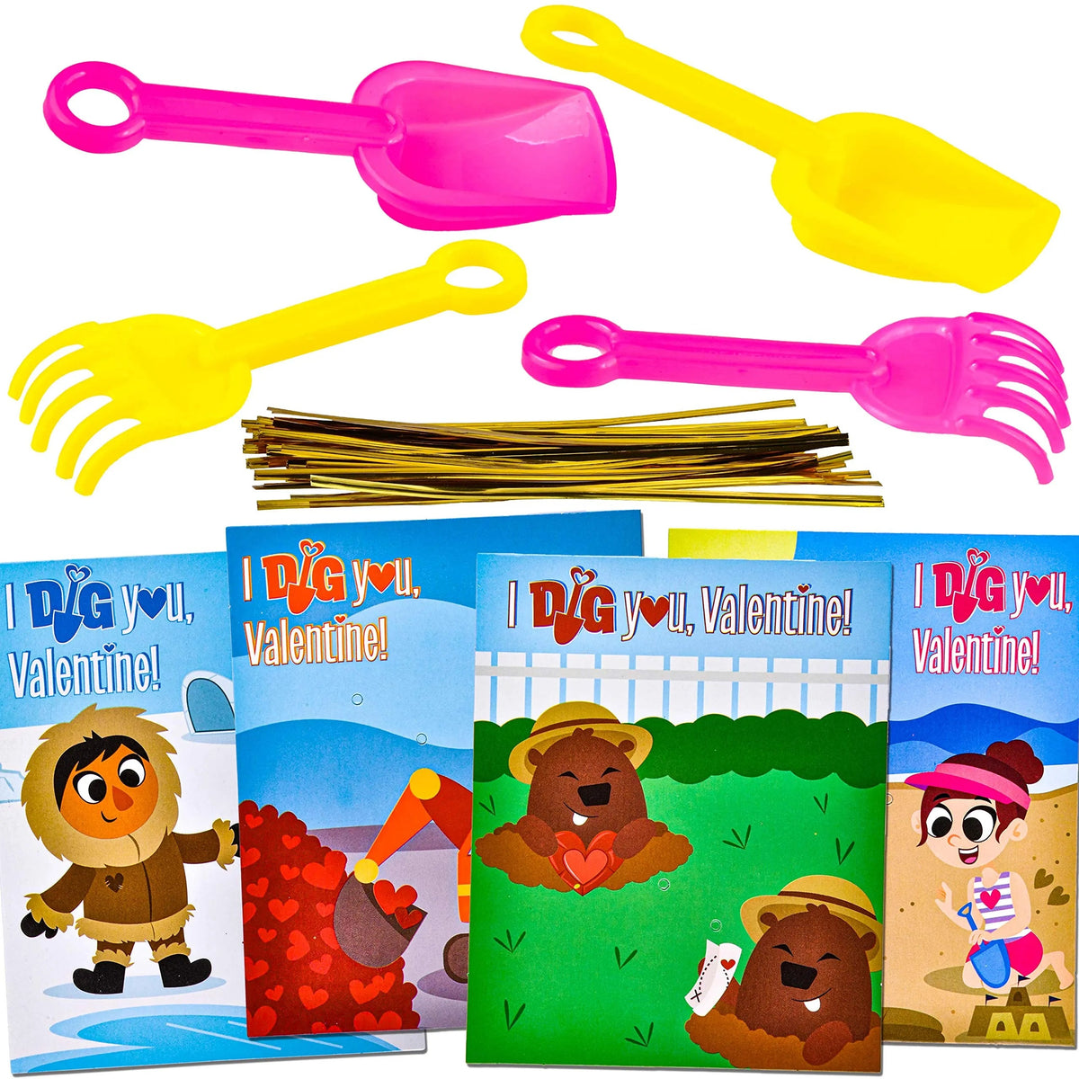 28-Pack Kids Valentine's Cards with Shovel Toys - Classroom Exchange Gifts