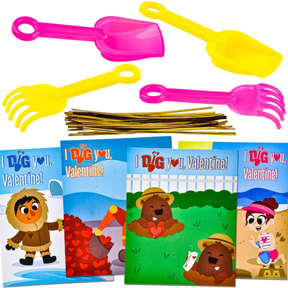 28-Pack Kids Valentine's Cards with Shovel Toys - Classroom Exchange Gifts