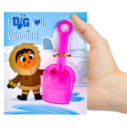 28-Pack Kids Valentine's Cards with Shovel Toys - Classroom Exchange Gifts